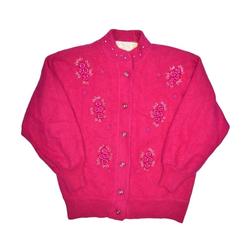 Belldini Sweater Womens Small Pink Cardigan Angora Wool Beaded Floral Soft